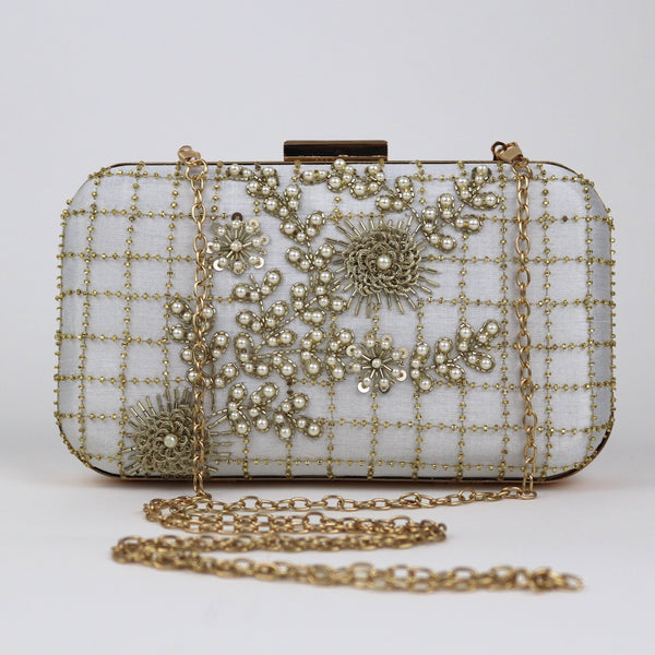 white pearl embroidered indian clutch