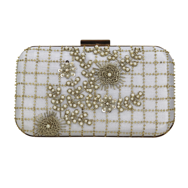 white pearl embroidered indian clutch